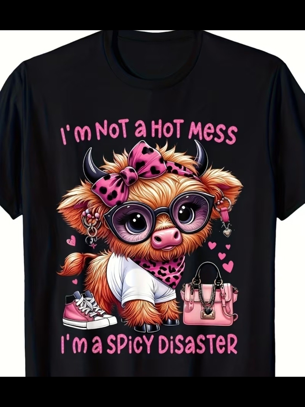 Black Short-Sleeve Tee with Pink Spicy Disaster Highland Cow Graphic